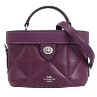 【COACH】經典LOGO絎縫格紋皮革轉釦手提包復古包兩用包(酒紅)