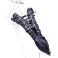 Sexy Exotic Costumes of Bdsm Bondage Black Leather Tight Straitjacket Single Armbinder Glove with Adjustable Harness Strap