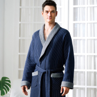華歌爾睡衣-男士系列 M-LL條紋鋪棉絲瓜領綁帶睡袍(沉睡藍) LRZ95523NJ