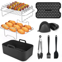 8pcs/Set Air Fryer Accessories Pot Tray BBQ Barbecue Pad Plate Airfryer Oven Baking Food Safe Reusable For Air Fryer 7.6L-9.6L