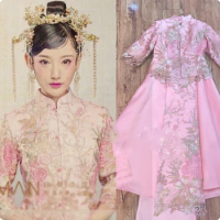 XuMan Elegant Pink Delicate Traditional Chinese Wedding Hanfu Bride Costume Xiu He Fu for Wedding Photography