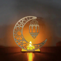 Ayatul Kursi Eid Eid Wooden Eid Decorations for Home Moon LED Candles Light