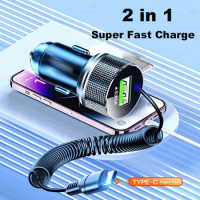 2 in 1 USB Car Charger with Cable Super Fast Charge in Car for iPhone Samsung Huawei OPPO Oneplus VIVO 12V Vehicle Adapter