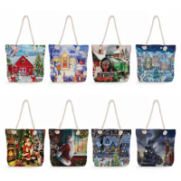 Eco Reusable Shopping Bag Casual Thick Rope Shoulder Bag Ladies Big Tote Bags Santa Claus Print Handbag For Women Christmas Gift