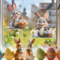 Cartoon Easter Bunny Collecting Eggs Glass Decoration Stickers for Living Room and Dining Room Home 