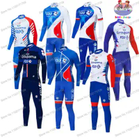 Retro Groupama FDJ Team Cycling Jersey Kids Set Long Sleeve Boys and Girls Cycling Clothing Blue White Teenager Cycling Kits