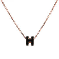 【Hermes 愛馬仕】HERMES Mini Pop電鍍金屬H字LOGO橢圓簍空設計鉤扣式項鍊(玫瑰金x黑)
