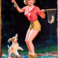 Vintage Style Metal Sign Pin Up Girl I Caught a Fish with Puppy Dog Beauty Girl Man Cave Aluminum Tin Sign 12x8inch for Home