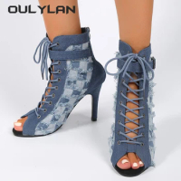 NEW Shoes Fish Mouth Cool Boots Women Autumn Comfortable Hollow Out Heels High Heels Dance Sandals Denim Blue Large Size Shoes