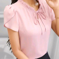 ZANZEA Women Bow Tie Neck Ruffle Blouse 2024 Summer Elegant Solid Petal Short Sleeve Shirt Tops Korean Office Casual Tunic Blusa