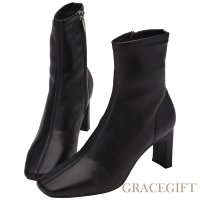【Grace Gift】俐落方頭中高跟襪靴 黑