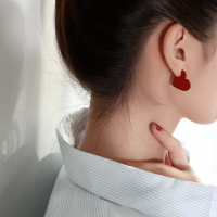 925純銀愛心耳環女適合過年的耳釘紅色耳飾年新款潮耳墜