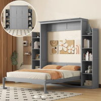 Queen Size Murphy Bed,Wall Bed with Shelves &amp; LED Lights,can be folded away into a cabinet,for guest room,home office,Gray