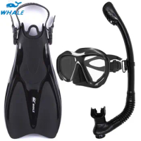 Whale Snorkeling Fin Snorkel Mask Set Equipment Silicone Anti-fog Mask Dry Breathing Tube Adjustable Size Flippers Shoes