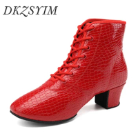 DKZSYIM NEW Women Latin Short Boots Ballroom Jazz Modern Dance Shoes Lace Up Dancing Boots Red Black Sports Dancing Sneakers