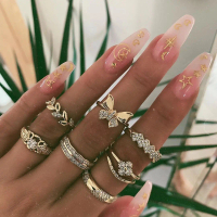 New retro Rhinestone Leaves Flower Ring Inlaid Diamond Leaves Butterfly Ring 7-piece Set