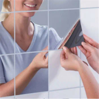 9PCS/Set Square Bath Mirrors Tile Self Adhesive Wall Sticker Home Bathroom Stick Portable Wall Decor Mirror Bathroom Accessories
