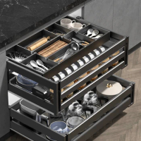 Pull basket kitchen cabinet aluminum alloy drawer type deep basket storage rack built-in dish tray rack dish basket