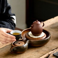 粗陶干泡臺儲水式茶臺茶盤陶瓷葫蘆壺承茶壺底座復古建水茶杯茶洗