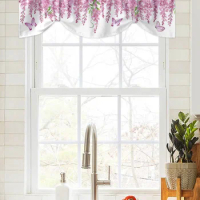 Spring Pink Wisteria Butterfly Window Curtain Living Room Kitchen Cabinet Tie-up Valance Curtain Rod Pocket Valance
