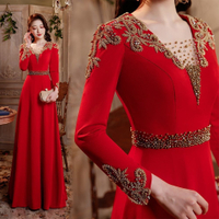 長款年會晚禮服洋裝連身裙 高端禮服2023新款優雅大方主持人紅色禮服裙重工釘珠顯瘦長袖長款