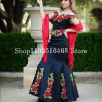 Mexican Embroidered Prom Party Dress Black Satin Elegant Strapless 3D Floral Embroidered Mermaid Party Dress فساتين للمناسبات ال