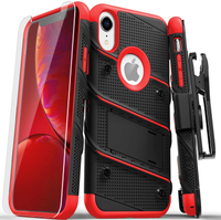 【美國代購】ZIZO Bolt 系列帶屏幕保護膜支架皮套適用於 iPhone XR 手機殼 黑/紅