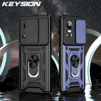 KEYSION Shockproof Armor Case for OPPO Reno 10 Pro 5G Slide Camera Protection Ring Stand Phone Back Cover for OPPO Reno 10 5G