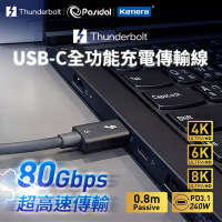 Pasidal Thunderbolt 5 雷電5 充電傳輸線材 -0.8M Passive (8K/120Gbps/240W/PD3.1) 80Gbps 雙向頻寬 高速傳輸 USB-C