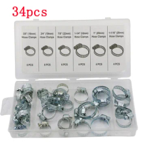 34PCS Stainless Steel Pipe Clips Hose Clamp Fit for Throat Hoop Hose Hoops Throat Reed Fasteners Wat Tube Clamp Hoop with Box