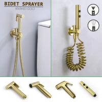 Bidet Sprayer Brushed Gold Bathroom Clean Toilet 2 Functions Water Flow Brass Body Stainless Steel/PVC Hose