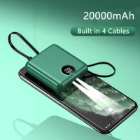 20000mAh Mini Power Bank Portable Charger Powerbank for iPhone 15 Xiaomi Samsung Huawei Poverbank Built in Cable Spare Battery