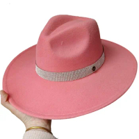 Women's Fedora hat 9.5cm wide Brim Fedora hat diamond ribbon men's autumn and winter felt jazz hat classic Fedora hat Sombrero