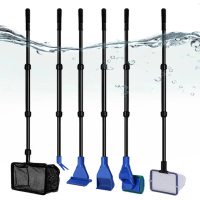 A HOT  6-IN-1 Aquarium Cleaning Tools Kits Fish Tank Clean Set Fish Net Gravel Rake Algae Scraper Fo