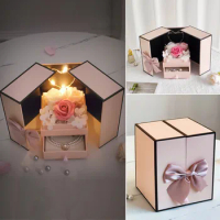 1pcs LED Soap Rose Flower Lipstick Jewelry Packaging Gift Box Pink Double Door With Drawer Valentine Wedding Decor Anniversary