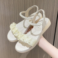 一字帶涼鞋女夏新款網紅同款仙女風時裝學生羅馬珍珠平底鞋