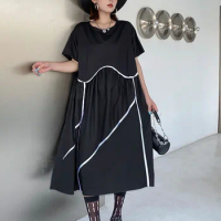 XITAO Pleated Dress Striped Pullover Half Sleeve Goddess Fan Casual Style 2024 Summer Minority Loose Elegant Dress WMD7034