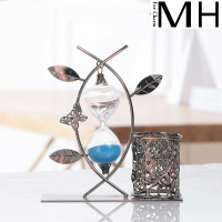 歐式鐵藝金屬筆筒創意懸掛彩色沙漏計時器擺件桌面裝飾品學生禮品