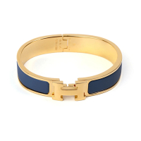 【Hermes 愛馬仕】H700001F 87 經典Clic H LOGO琺瑯金色窄版手環(深藍色)