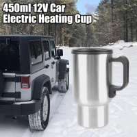 Camping Travel Kettle Water Coffee Milk Thermal Mug 12V 450ml Electric Heating Car Kettle Vehicle Heating Cup Stainless Steel