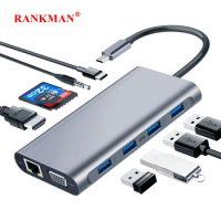 Rankman USB Type C Hub to RJ45 4K HDMI-Compatible VGA SD TF USB 3.0 2.0 PD Dock for MacBook iPad Samsung S21 Dex PS5 Nintendo