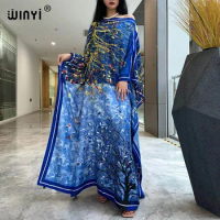 WINYI 2023 Summer new Africa Fashion boho Popular printed Silk Kaftan Maxi dress Beach Bohemian kaftan long dress for lady