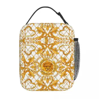 Golden Lion And Damask Ornament Thermal Insulated Lunch Bag for Office Reusable Food Bag Cooler Thermal Lunch Box