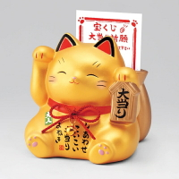 日本製❇️瀨戶市藥師窯 ❇️彩絵大当り招き猫(白&金･宝くじ入れ貯金箱) 藥師窯 大當招手招財貓存錢筒 💮擺飾/名片架/