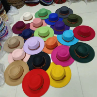 Winter Fedora Bump Flat Top 27 Colors Fedora Men Women Panama Top Hat Fedora with Leather Chain Big Brim Church Hat