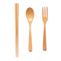 【木日子】日式木筷叉匙餐具3件套組(木製餐具組 叉子 湯匙 筷子 環保餐具 便當盒 學生 兒童 露營餐具)
