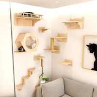 Cat Wall-mounted Wooden Pet Furniture Climbing Frame Cat Hammock Sisal Ladder Cat Tree and Tower For Kittens Indoor Play