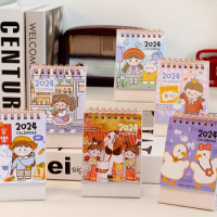 2024 Mini Cute Desk Calendar Kawaii Cartoon Girl and Animal Calendars Dual Daily Scheduler Table Planner 2023.9~2024.12