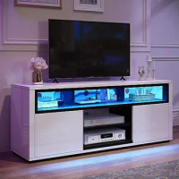 Modern LED TV Stand Entertainment Center with Storage Cabinet and Open Shelves High Glossy Wood Console Table Home Bar RGB LED