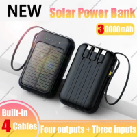 2024 New 30000mAh Solar Power Bank Built-in Four Data Cable Portable Mini External Battery Powerbank For Samsung iPhone Xiaomi